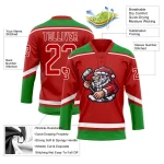 Custom Red Grass Green-White Christmas Santa Claus 3D Hockey Lace Neck Jersey - Image 4