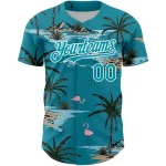 Custom Teal White 3D Pattern Design Tropical Hawaii Palm Trees Authentic Baseball Jersey - Image 2