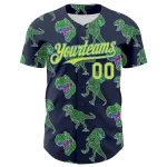 Custom Navy Neon Yellow-Electric Blue 3D Pattern Design Rave Psychedelic Neon Dinosaur Authentic Baseball Jersey - Image 2
