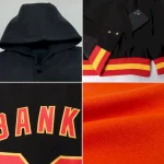 Custom Orange Powder Blue-Navy Bomber Full-Snap Varsity Letterman Two Tone Hoodie Jacket - Image 2