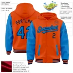Custom Orange Powder Blue-Navy Bomber Full-Snap Varsity Letterman Two Tone Hoodie Jacket - Image 3