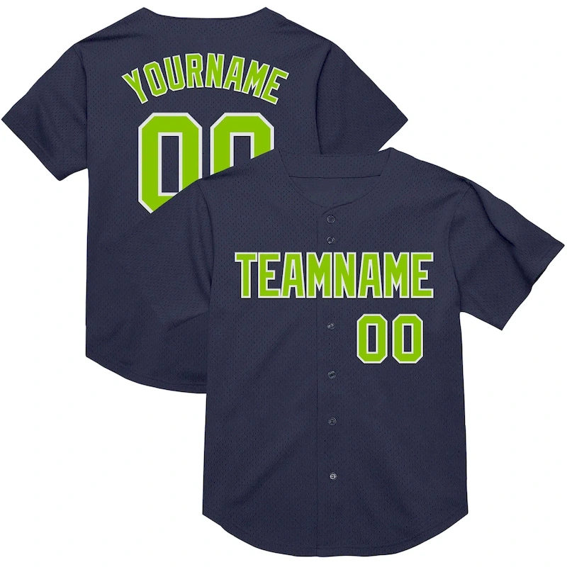 Navy0858.webp Custom Navy Neon Green-White Mesh Authentic Throwback Baseball Jersey - Image 1
