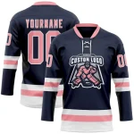 Custom Navy Medium Pink-White Hockey Lace Neck Jersey - Image 2