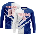 Custom Graffiti Pattern White Royal-Red Scratch Sublimation Soccer Uniform Jersey - Image 3
