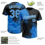 Custom Black Electric Blue-White 3D Pattern Abstract Brush Stroke Two-Button Unisex Softball Jersey - Image 3