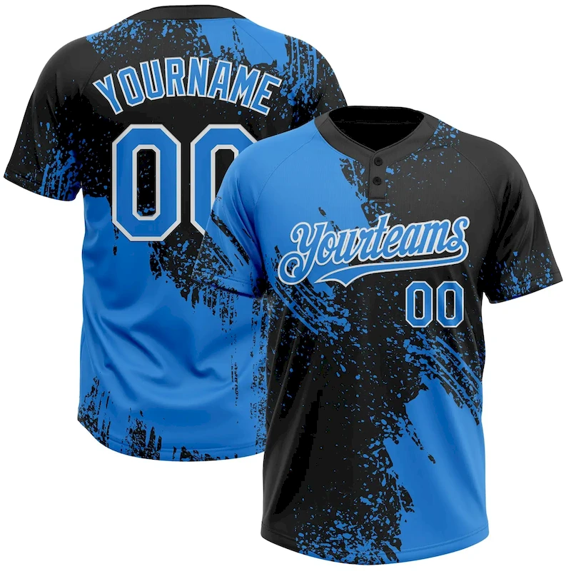 Softball1715.webp Custom Black Electric Blue-White 3D Pattern Abstract Brush Stroke Two-Button Unisex Softball Jersey - Image 1