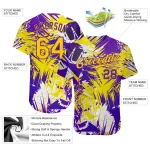 Custom Graffiti Pattern Gold-Purple 3D Authentic Baseball Jersey - Image 3